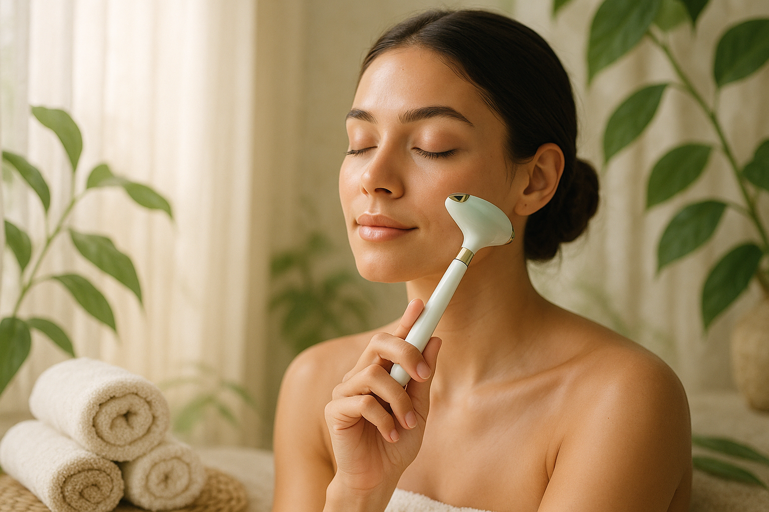A serene and elegant scene showing a young woman with glowing, healthy skin using a jade roller or electric Gua Sha tool in a soft, natural setting. Gentle light reflects on her face, surrounded by calming elements like green leaves, soft towels, and natural textures. The mood is peaceful, fresh, and luxurious — a perfect visual representation of self-care and natural beauty.